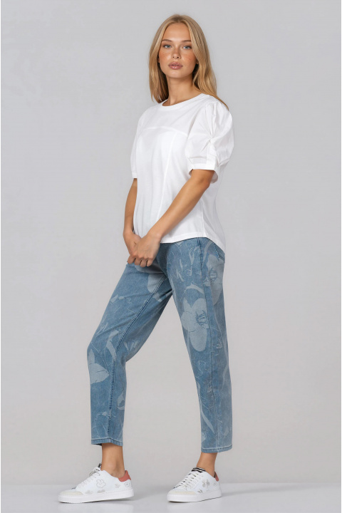 Дамска тениска от памук в бяло с буфан ръкави и свободна кройка