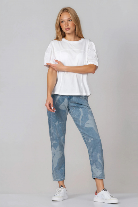 Дамска тениска от памук в бяло с буфан ръкави и свободна кройка