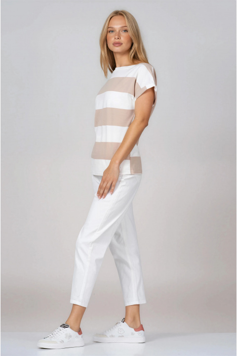 Дамска тениска с бежово-бял раиран принт