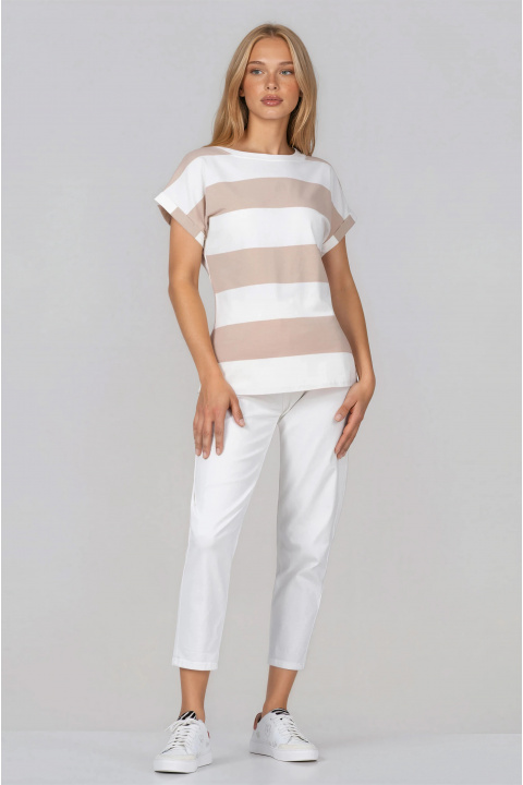Дамска тениска с бежово-бял раиран принт