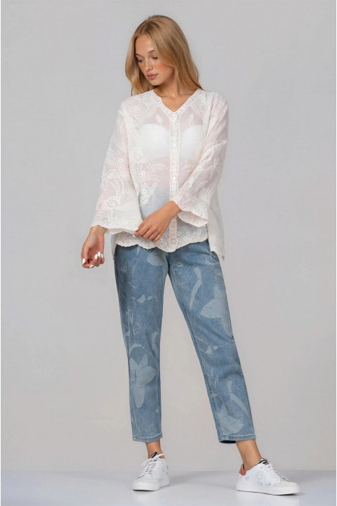 Дамска туника от памук в цвят екрю с копчета и релефна бродерия