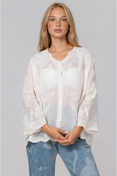 Дамска туника от памук в цвят екрю с копчета и релефна бродерия