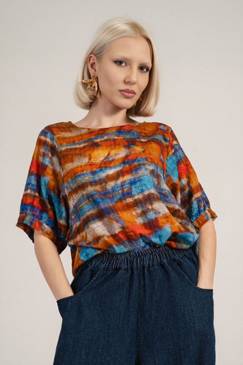 Дамска туника от памук в оранжево с акварелен принт и свободна кройка