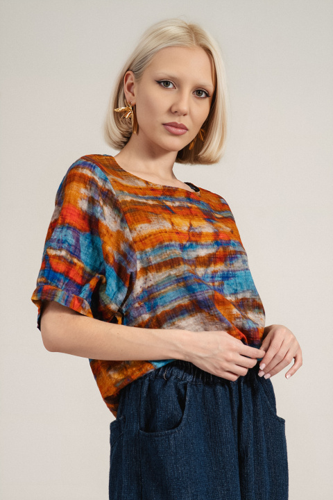 Дамска туника от памук в оранжево с акварелен принт и свободна кройка