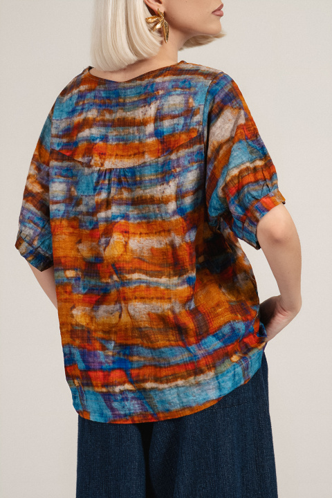 Дамска туника от памук в оранжево с акварелен принт и свободна кройка