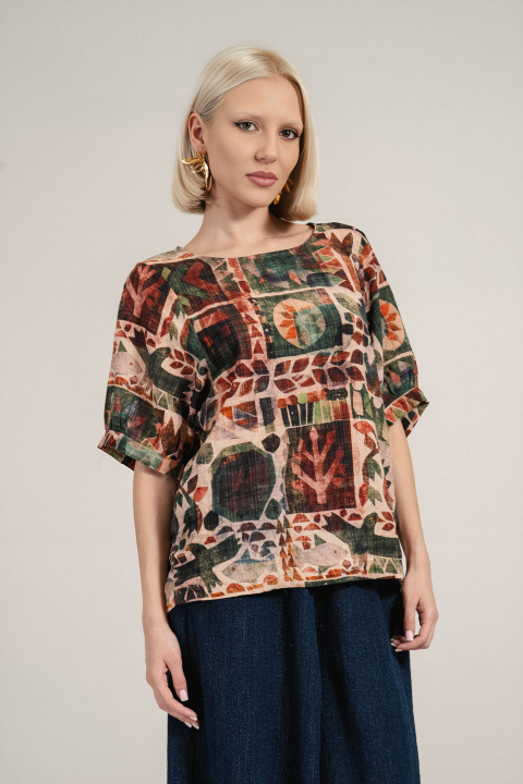 Дамска туника от памук в зелено с орнаментен принт и свободна кройка