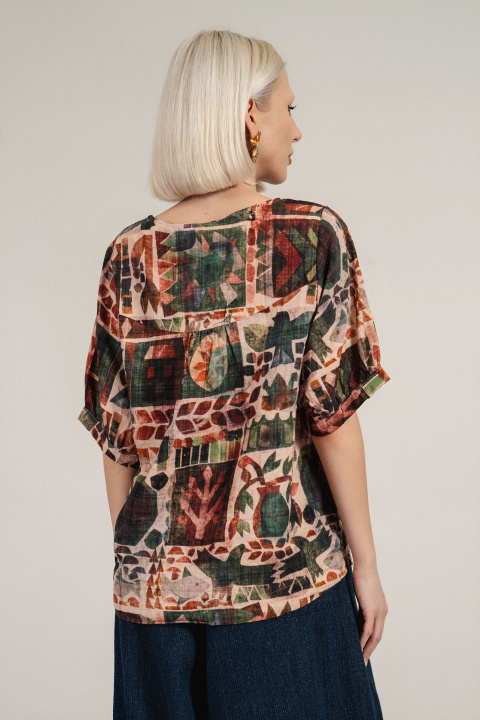 Дамска туника от памук в зелено с орнаментен принт и свободна кройка