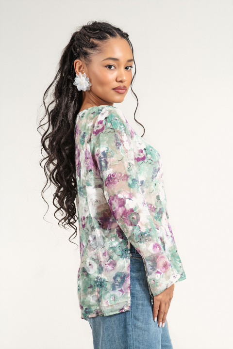 Дамска туника с акварелен флорален принт в зелено и лилаво