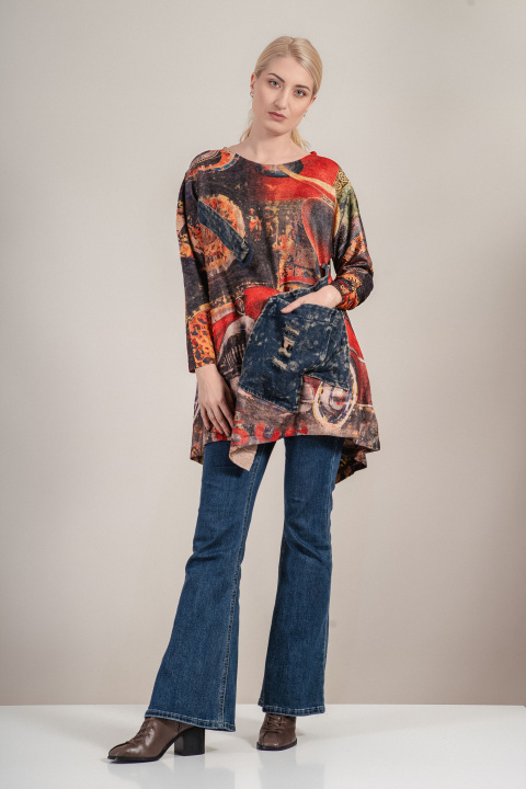 Дамска туника с принт в оранжево и червено с джоб и декоративен колан