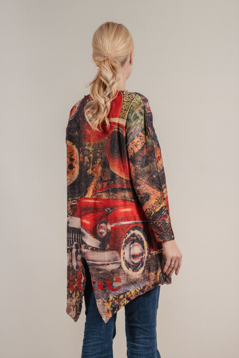 Дамска туника с принт в оранжево и червено с джоб и декоративен колан