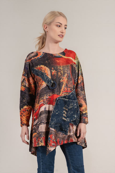 Дамска туника с принт в оранжево и червено с джоб и декоративен колан