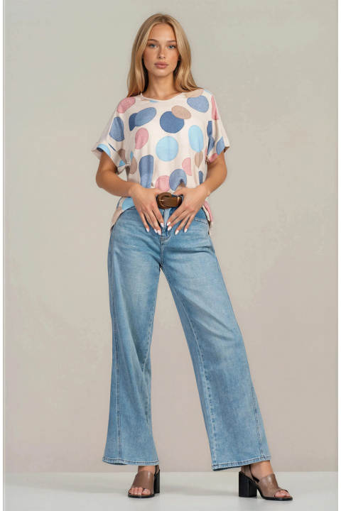 Дамска туника със свобден силует и принт сини и розови кръгове