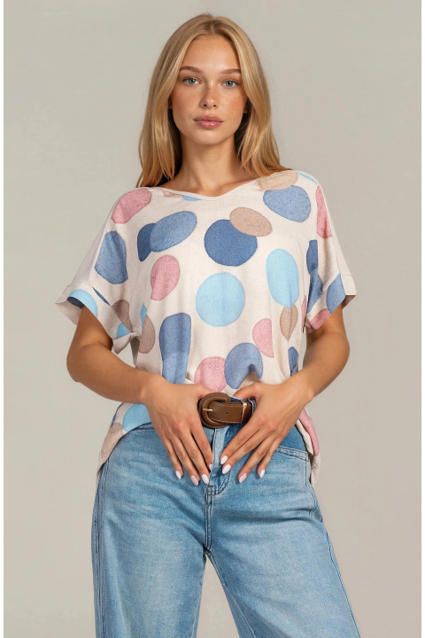 Дамска туника със свобден силует и принт сини и розови кръгове