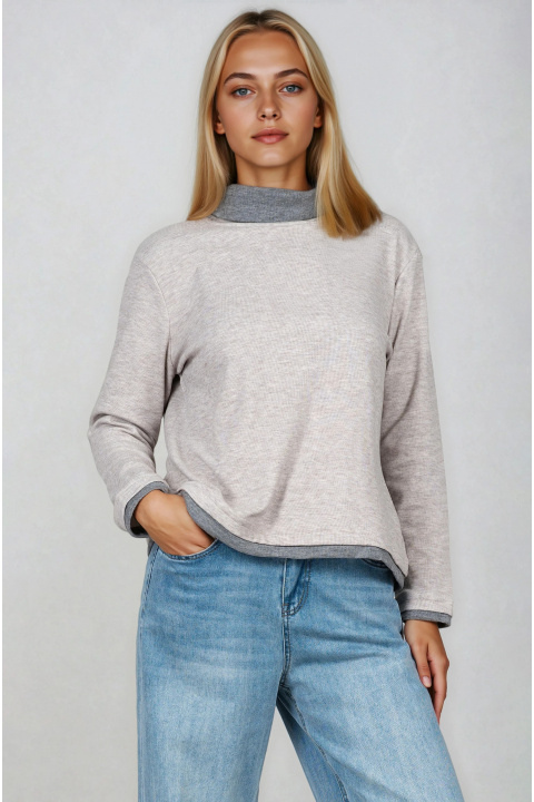 Дамска ватирана блуза в светлосиво с поло яка и тъмен кант