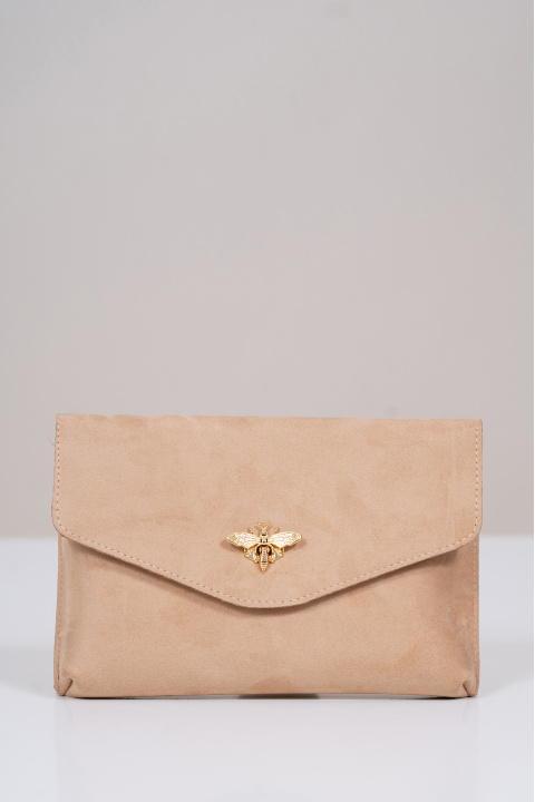 Дамска велурена чанта тип клъч в бежово
