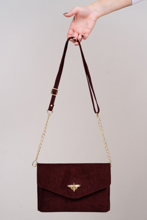 Дамска велурена чанта тип клъч в цвят бордо