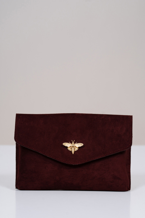 Дамска велурена чанта тип клъч в цвят бордо