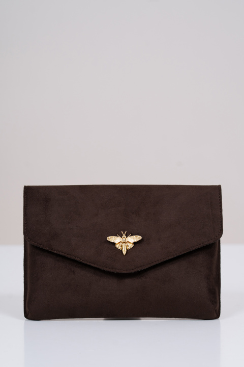 Дамска велурена чанта тип клъч в кафяво