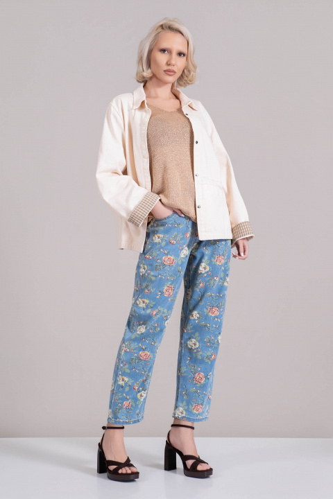 Дамски бойфренд дънки от памук в светлосиньо с флорален принт