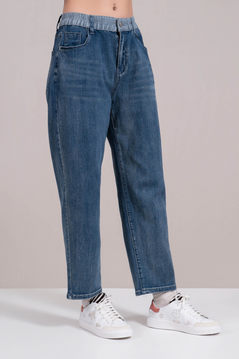 Дамски бойфренд дънки от син деним с еластична талия в сиво