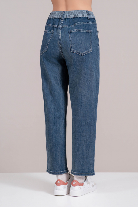 Дамски бойфренд дънки от син деним с еластична талия в сиво