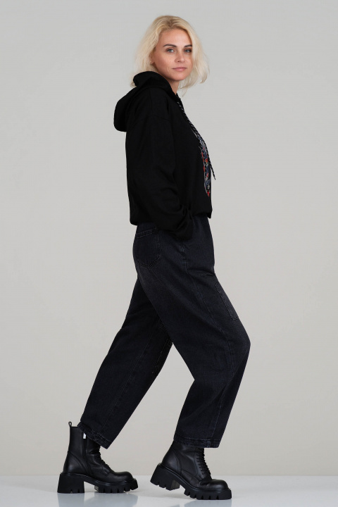 Дамски черни дънки с ластик в талията и декоративен карго джоб