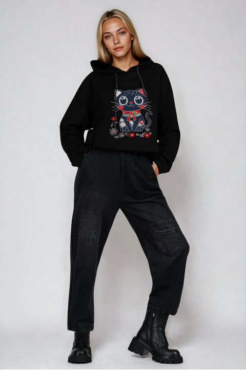 Дамски черни дънки с ластик в талията и декоративен карго джоб