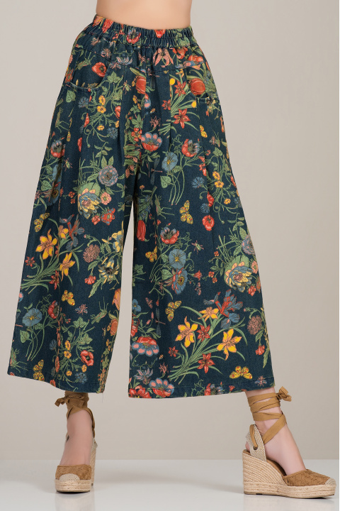 Дамски дънки от памук с флорален принт и ластик в талията