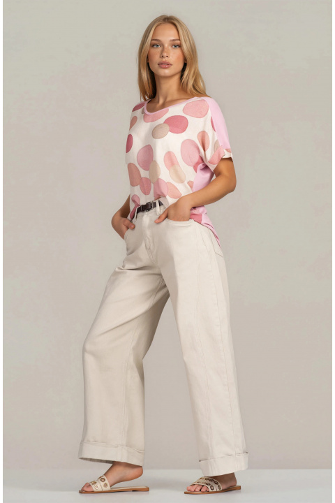 Дамски дънки от памук в бежово с широк крачол и висока талия