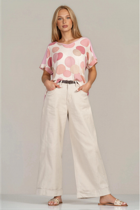 Дамски дънки от памук в бежово с широк крачол и висока талия