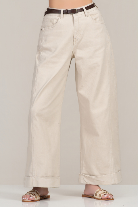 Дамски дънки от памук в бежово с широк крачол и висока талия