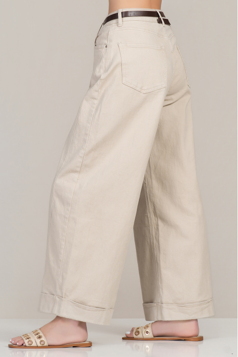 Дамски дънки от памук в бежово с широк крачол и висока талия