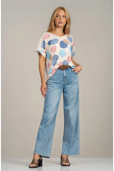 Дамски дънки от памук в светлосин деним с широк крачол и висока талия