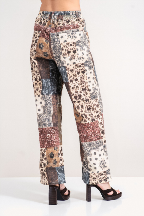 Дамски дънки с етно принт в бордо и бежово с ластик в талията