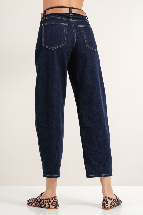 Дамски дънки с висока талия от плътна материя в цвят индиго