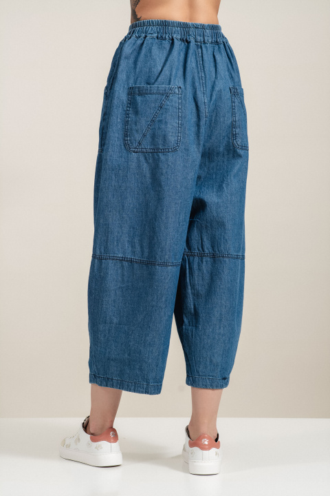 Дамски дънки в тънък син деним с ластик, връзки и свободна кройка