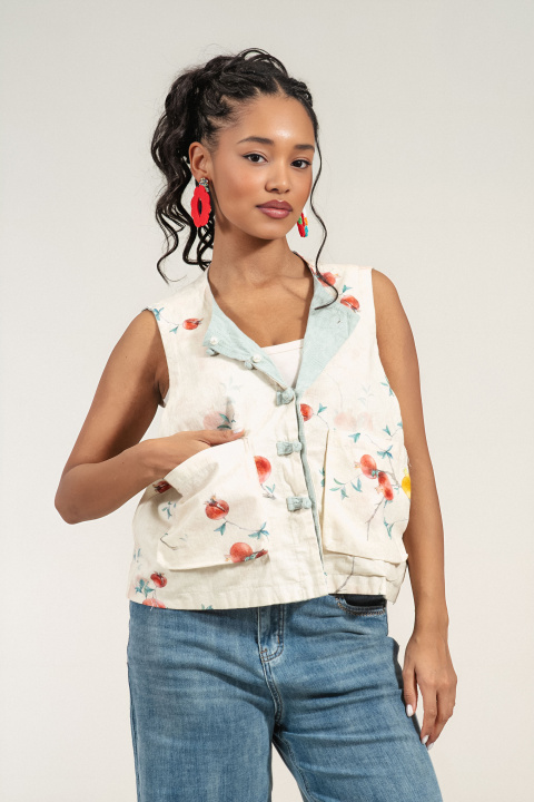 Дамски двулицев елек от памук с принт нар и едноцветна страна