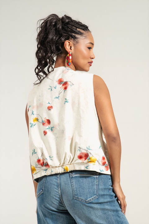 Дамски двулицев елек от памук с принт нар и едноцветна страна