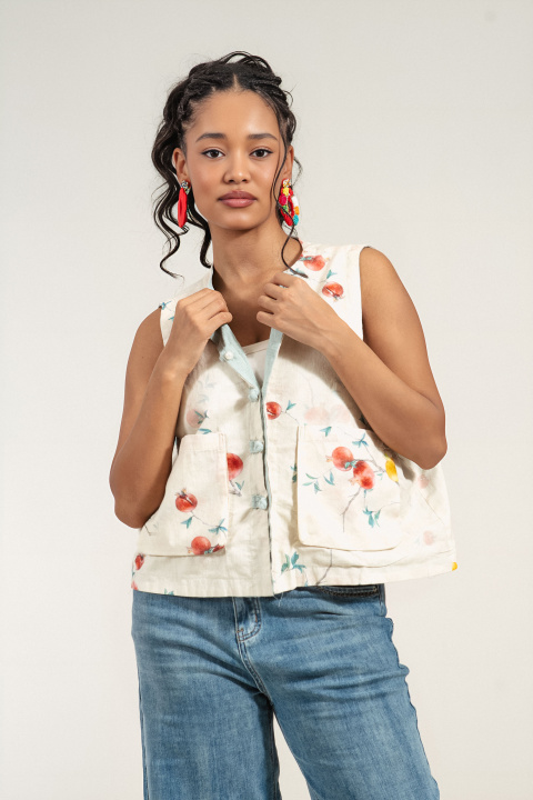 Дамски двулицев елек от памук с принт нар и едноцветна страна