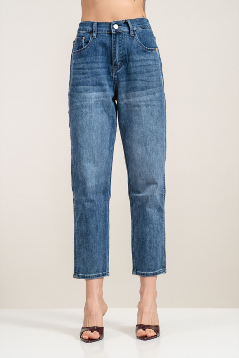 Дамски еластични дънки от памук в син цвят със средно висока талия