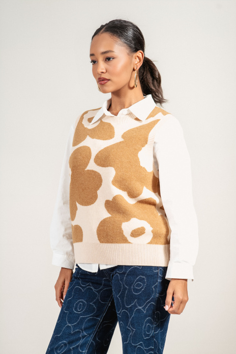 Дамски елек ''Dragonfly'' от фино плетиво с бежов флорален принт