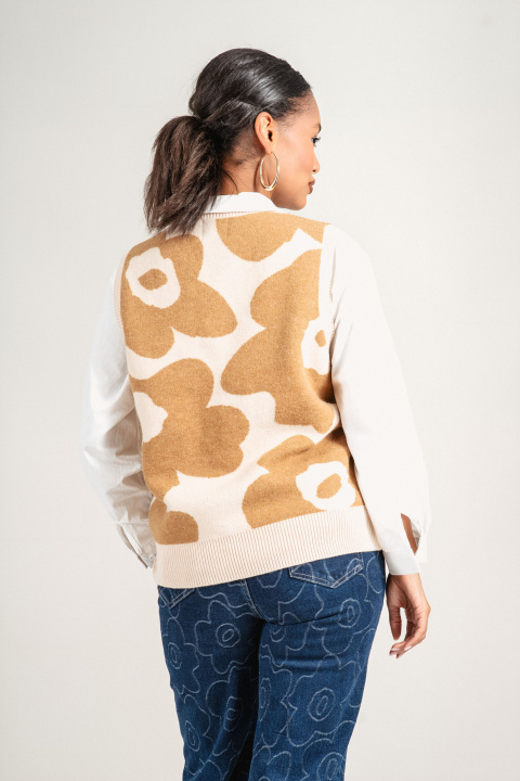 Дамски елек ''Dragonfly'' от фино плетиво с бежов флорален принт