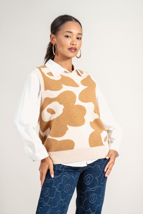 Дамски елек ''Dragonfly'' от фино плетиво с бежов флорален принт