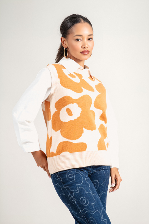 Дамски елек ''Dragonfly'' от фино плетиво с оранжев флорален принт