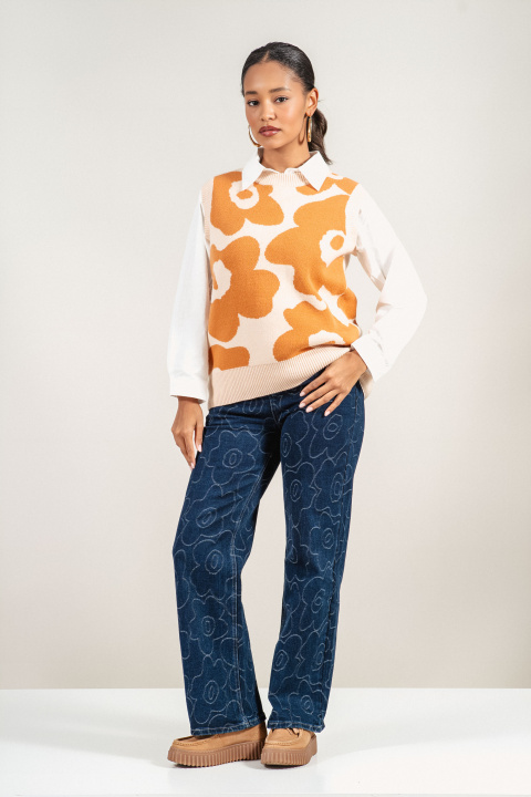 Дамски елек ''Dragonfly'' от фино плетиво с оранжев флорален принт