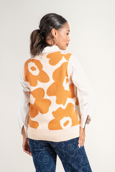 Дамски елек ''Dragonfly'' от фино плетиво с оранжев флорален принт