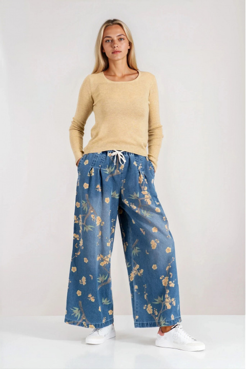 Дамски модерини дънки с флорален десен и еластична талия с връзки