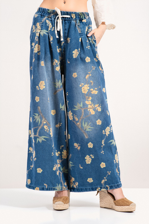 Дамски модерини дънки с флорален десен и еластична талия с връзки