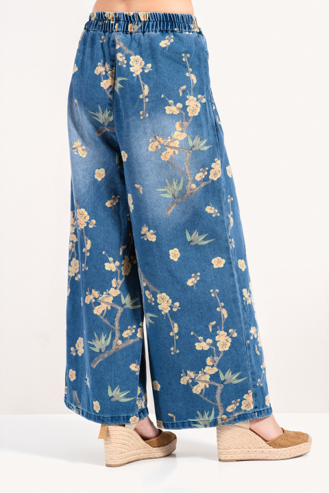 Дамски модерини дънки с флорален десен и еластична талия с връзки