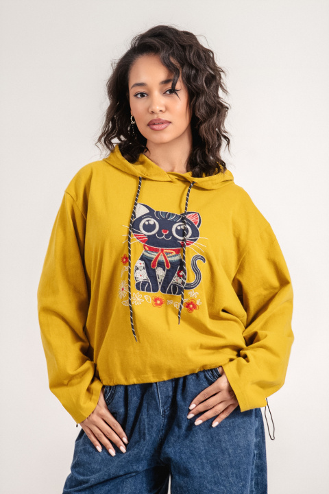 Дамски памучен суитшърт в цвят горчица с качулка и бродирана котка